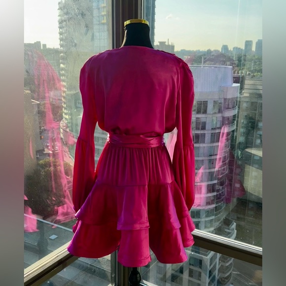 🆕 BRONX & BANCO 🧿 NWOT Bedouin V-Neck Ruffle Mini Dress, Pink Silk - Size L - Picture 9 of 15